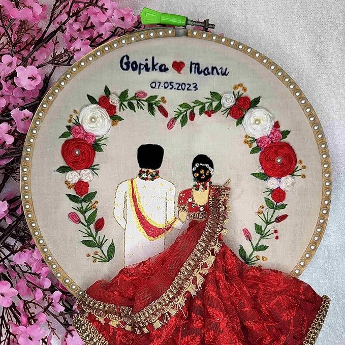Custom Anniversary Embroidery Hoop Art - Elegant Couple Silhouette with Date Calendar