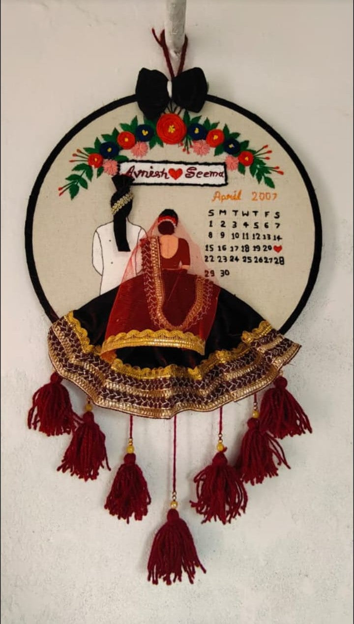 Classic Burgundy Wedding Embroidery Hoop - Traditional Indian Design with Tassels